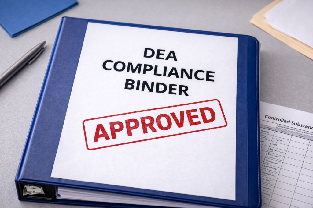 DEA compliance binder representing organized controlled substance recordkeeping and documentation.