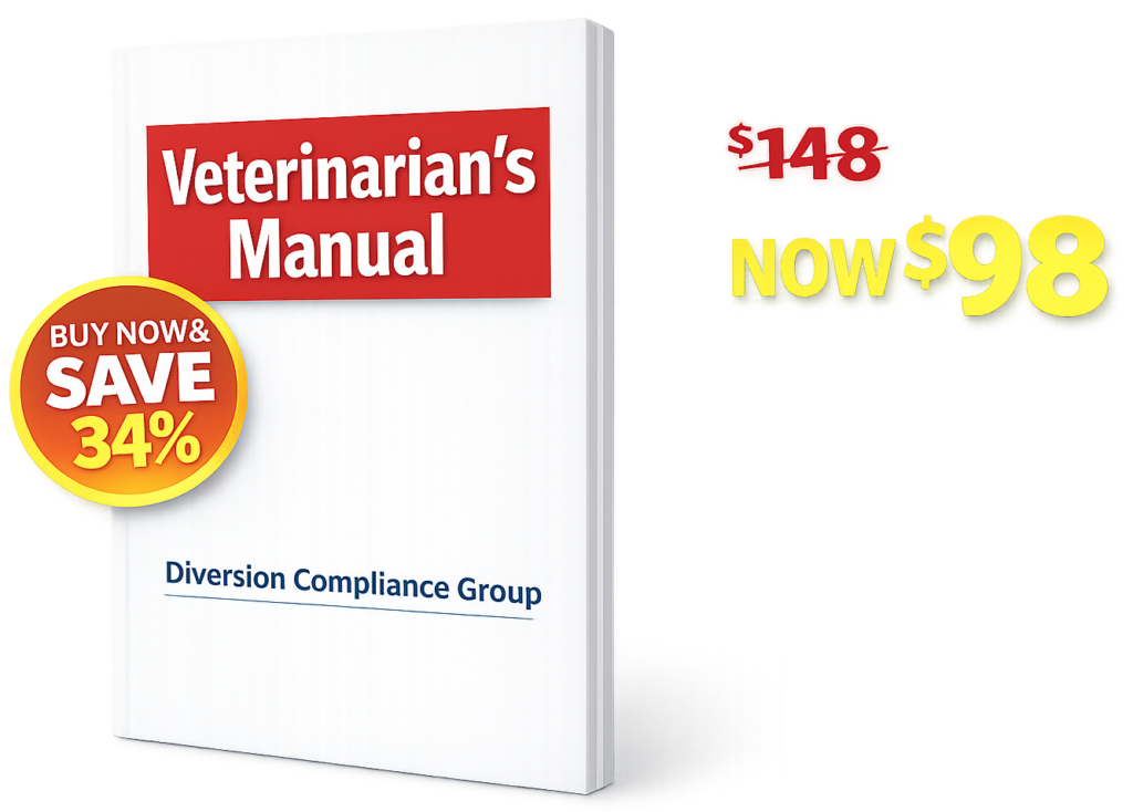 Veterinarian’s Manual by Diversion Compliance Group with promotional badge showing 34% savings